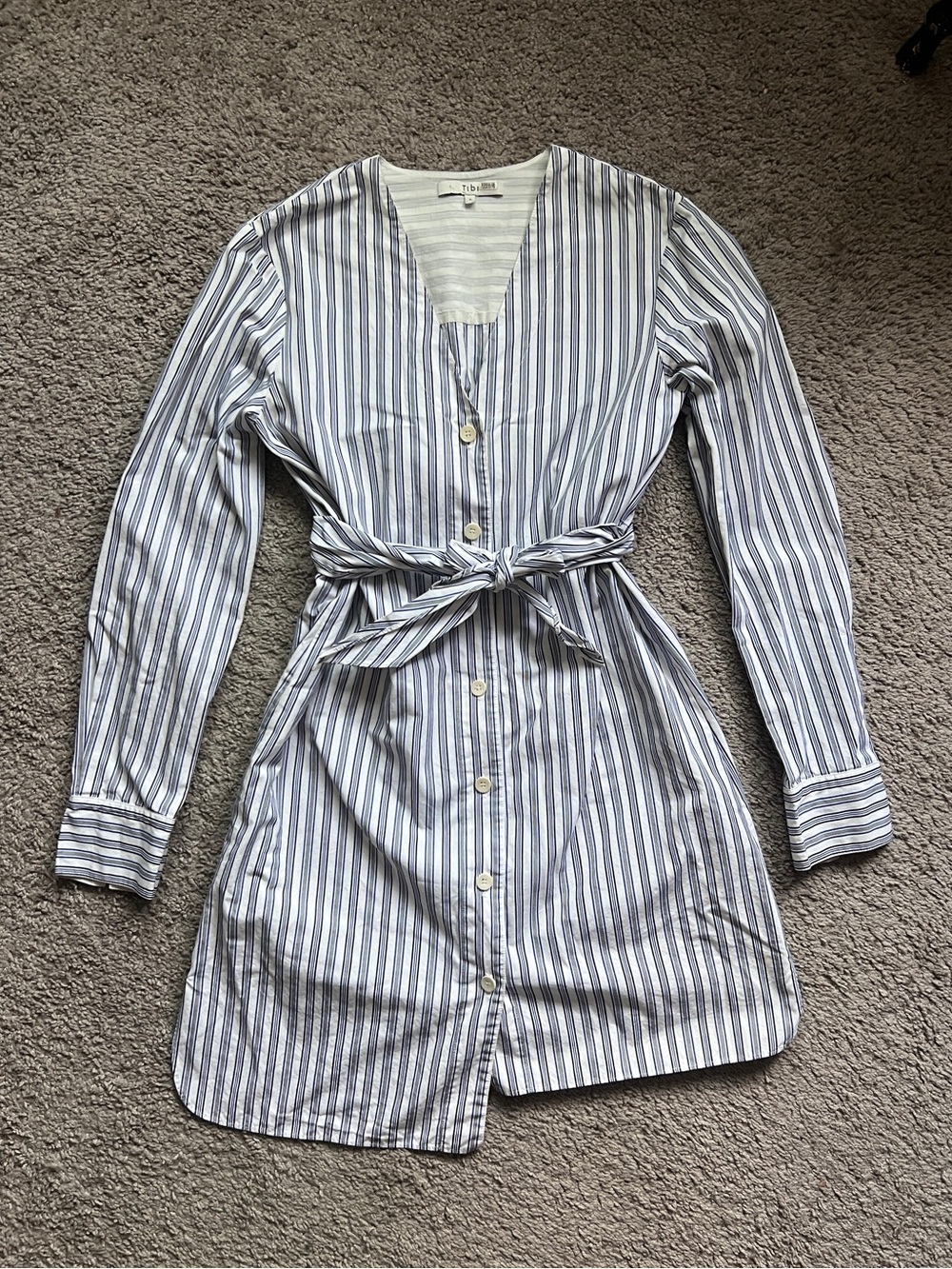 $475 TIBI Blue White Stripe Liam Stripe V-Neck Shirtdress size 4
